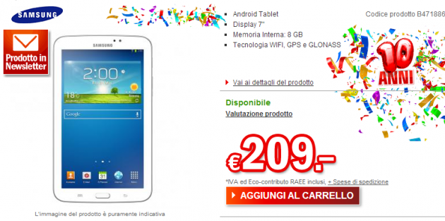 Samsung Galaxy Tab 3 7.0: disponibile in Italia a 209€ nella versione Wi-Fi
