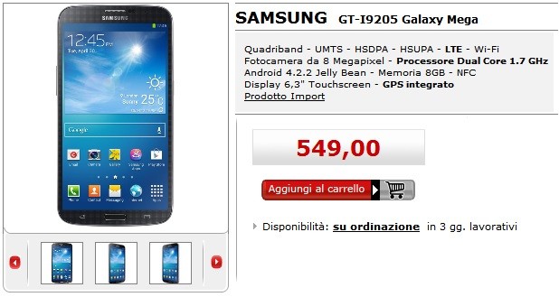 Samsung Galaxy Mega 6.3 disponibile a 549 euro da MediaWorld