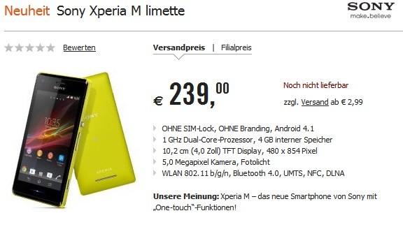 Sony Xperia M: il prezzo di vendita in Europa è di 239 euro