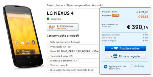 Nexus 4 italiano, prezzo in caduta libera: disponibile a 390 Euro su Marcopolo