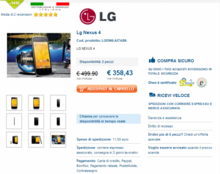LG Nexus 4 a 358 euro con Garanzia Italia