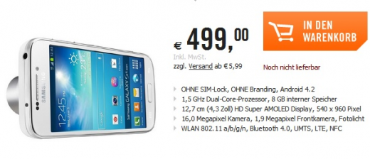Samsung Galaxy S4 Zoom: il prezzo di vendita in Europa è di 499 euro