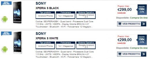 Sony Xperia S disponibile da Unieuro a 299 euro