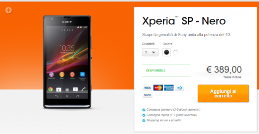 Xperia SP arriva sullo store ufficiale Sony a 389 €