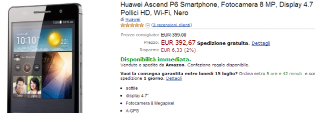 Huawei Ascend P6 Nero in vendita a 392€ su Amazon.it