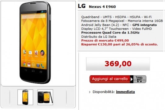 LG Nexus 4 disponibile a 369€ da MediaWorld con Garanzia Italia