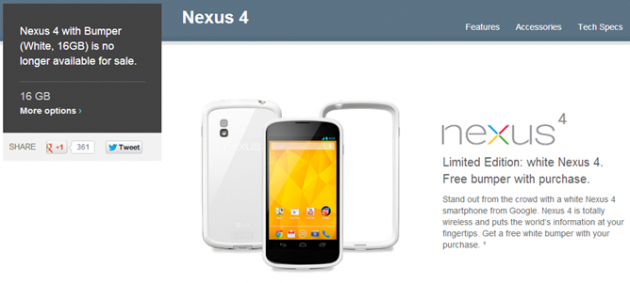 Nexus 4 Bianco: sold-out sul Play Store USA