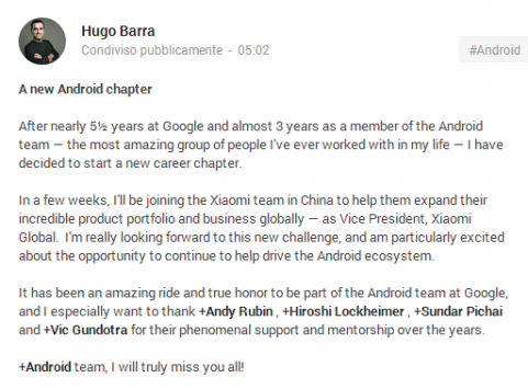 Hugo Barra lascia Google e passa a Xiaomi