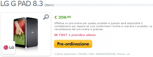 LG G Pad 8.3: iniziano i pre-ordini in Italia a 364€