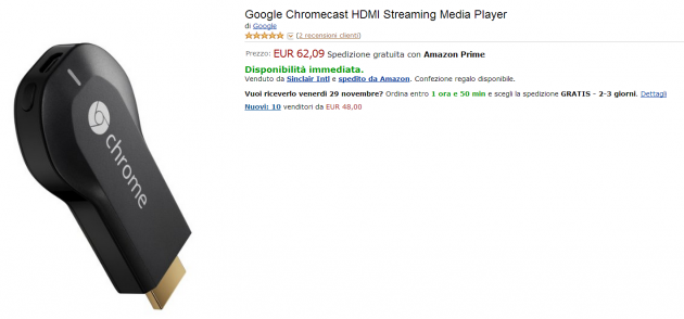 Google Chromecast in vendita su Amazon.it a 62 Euro