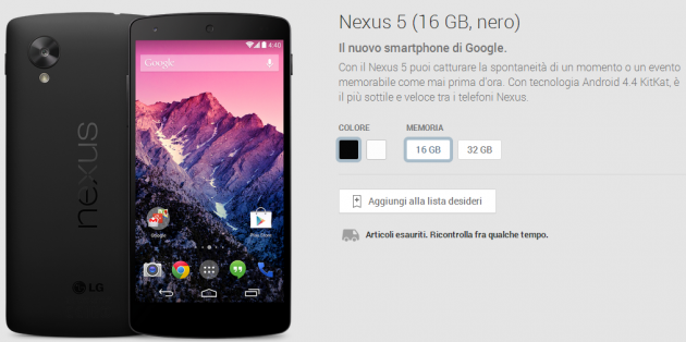 LG Nexus 5: terminata la versione da 16GB sul Play Store italiano