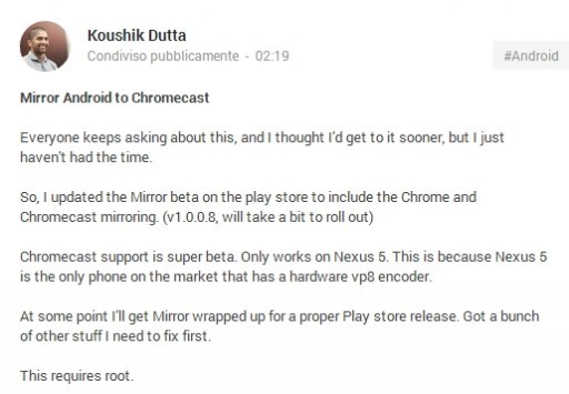Mirroring da Nexus 5 a Chromecast: grazie a Koushik Dutta ora è possibile