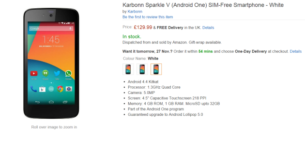 Android One in Europa: Karbonn Sparkle V in vendita nel Regno Unito, prezzo non così conveniente