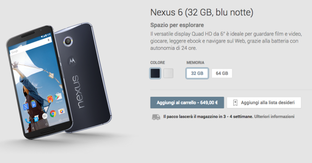 Motorola Nexus 6 disponibile sul Google Play Store