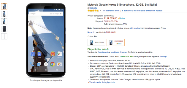 Motorola Nexus 6 disponibile su Amazon.it, spedizione Prime