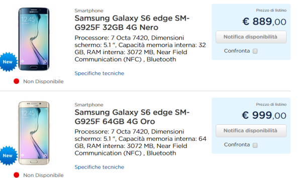 Samsung Galaxy S6 Edge, i prezzi italiani partono da 889 Euro