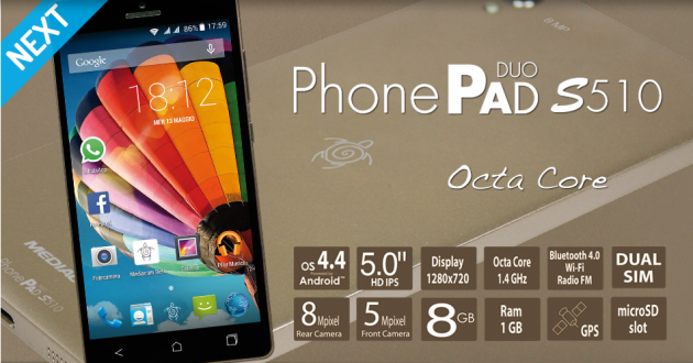 Mediacom PhonePad Duo S510U: display HD, CPU octa-core e Android 4.4