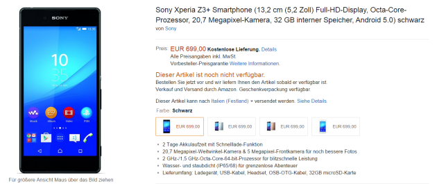 Sony Xperia Z3+, il prezzo europeo è di 699 Euro