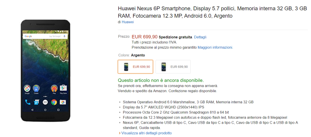 Huawei Nexus 6P Smartphone  Display 5.7 pollici  Memoria interna 32 GB  3 GB RAM  Fotocamera 12.3 MP  Android 6.0  Grigio  Amazon.it  Elettronica
