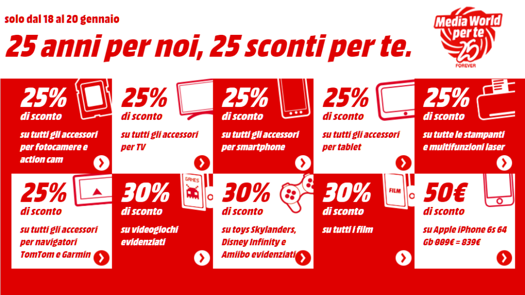 Mediaworld dal 18 al 20 gennaio, nuovi sconti fino al 30