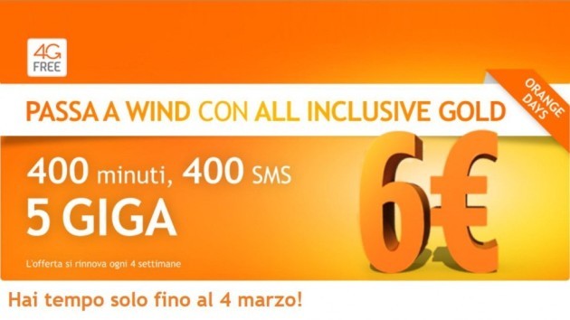 Wind All Inclusive Gold: 400 minuti ed SMS più 5 GB a soli 6€
