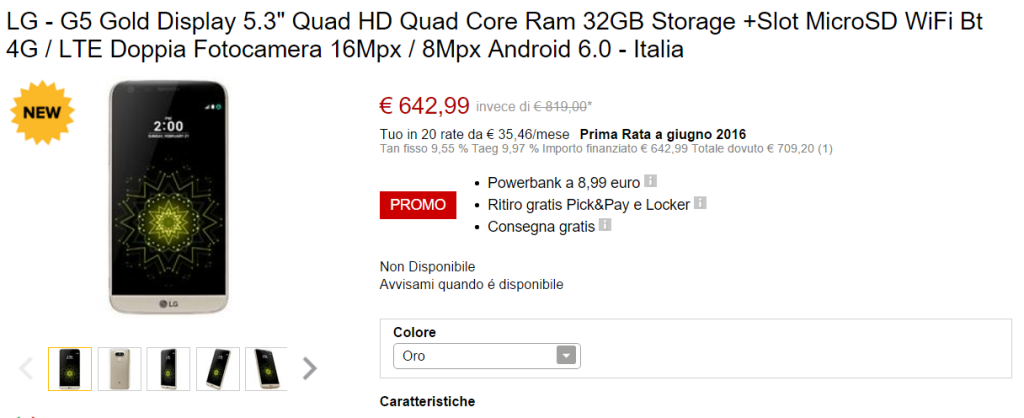 LG G5 Gold Display 5.3 Quad HD Quad Core Ram 32GB Storage Slot MicroSD WiFi Bt 4G LTE Doppia Fotocamera 16Mpx 8Mpx Android 6.0 Italia ePrice