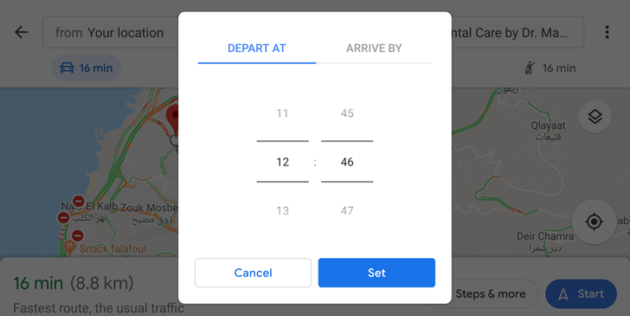 Google Maps: possibilità di impostare l'orario di arrivo e partenza in auto