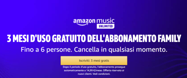 Amazon Music Unlimited: 3 mesi gratuiti con pacchetto family (fino a 6 persone)